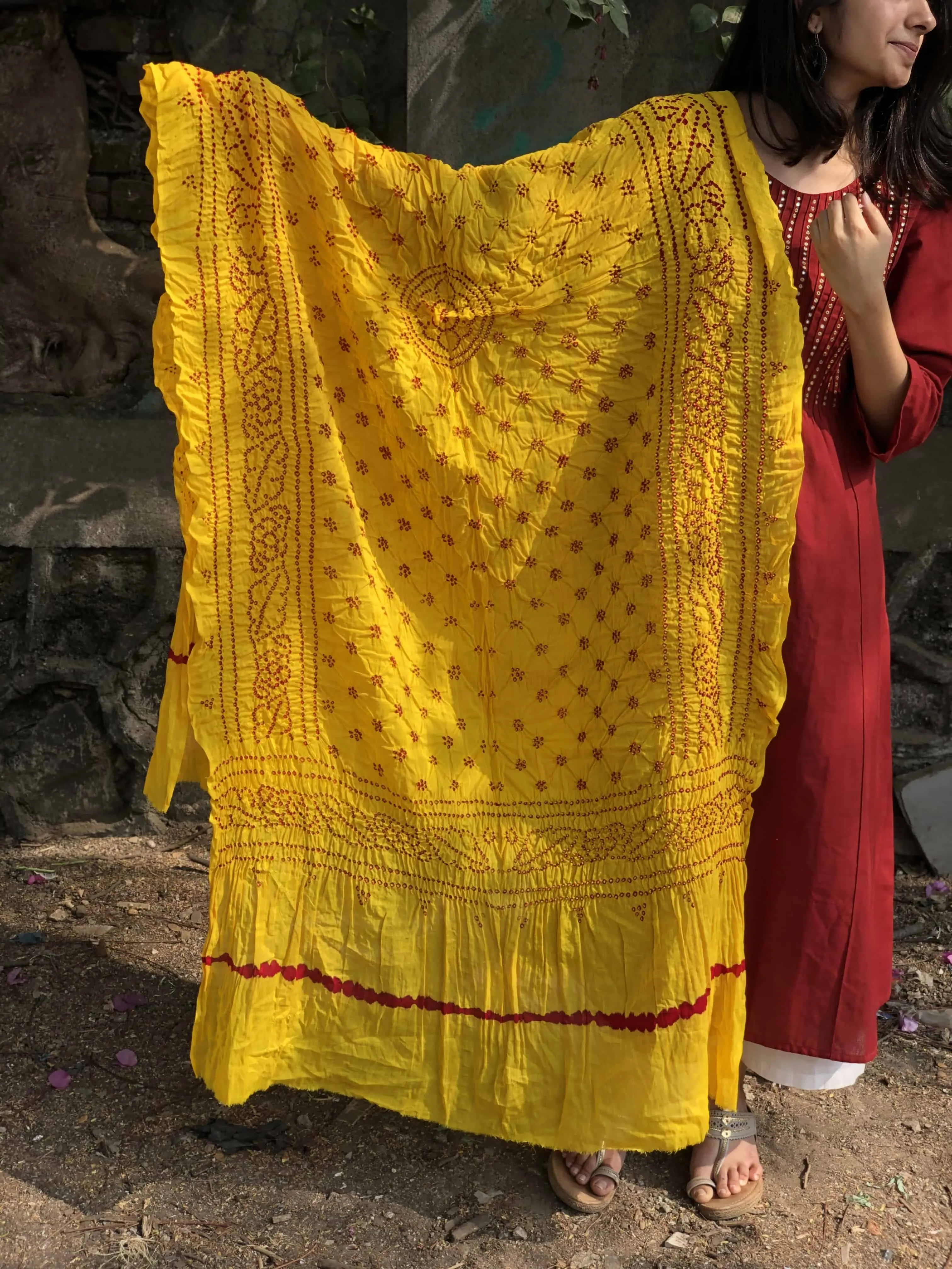Bandhej Yellow Cotton Dupatta | Relove
