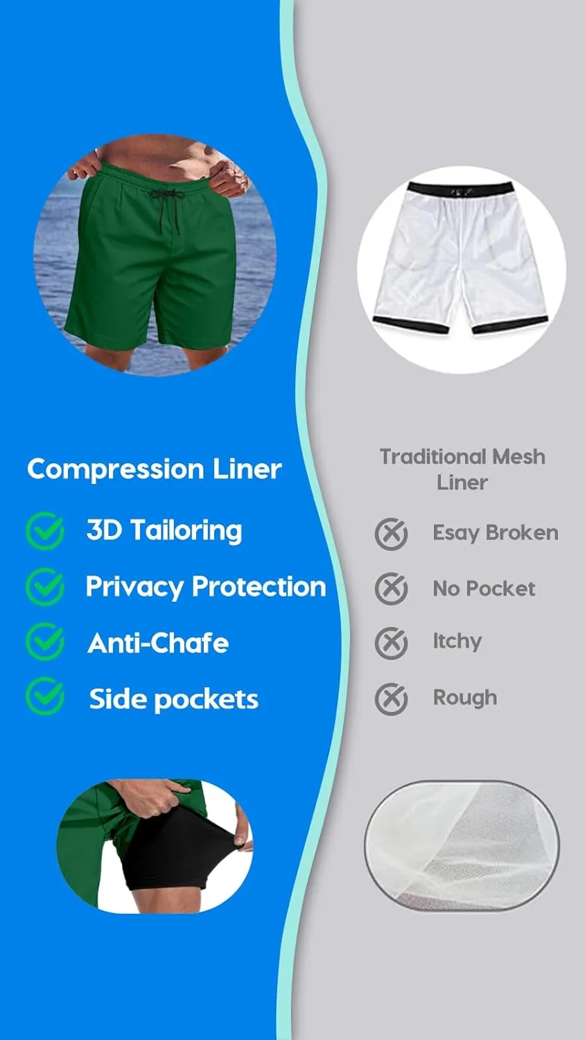 Big and Tall Men's Swim Trunk 8" with Compression Liner 8 Inch Inseam Quick Dry Board Shorts & Zipper Pocket 2XL-9XL