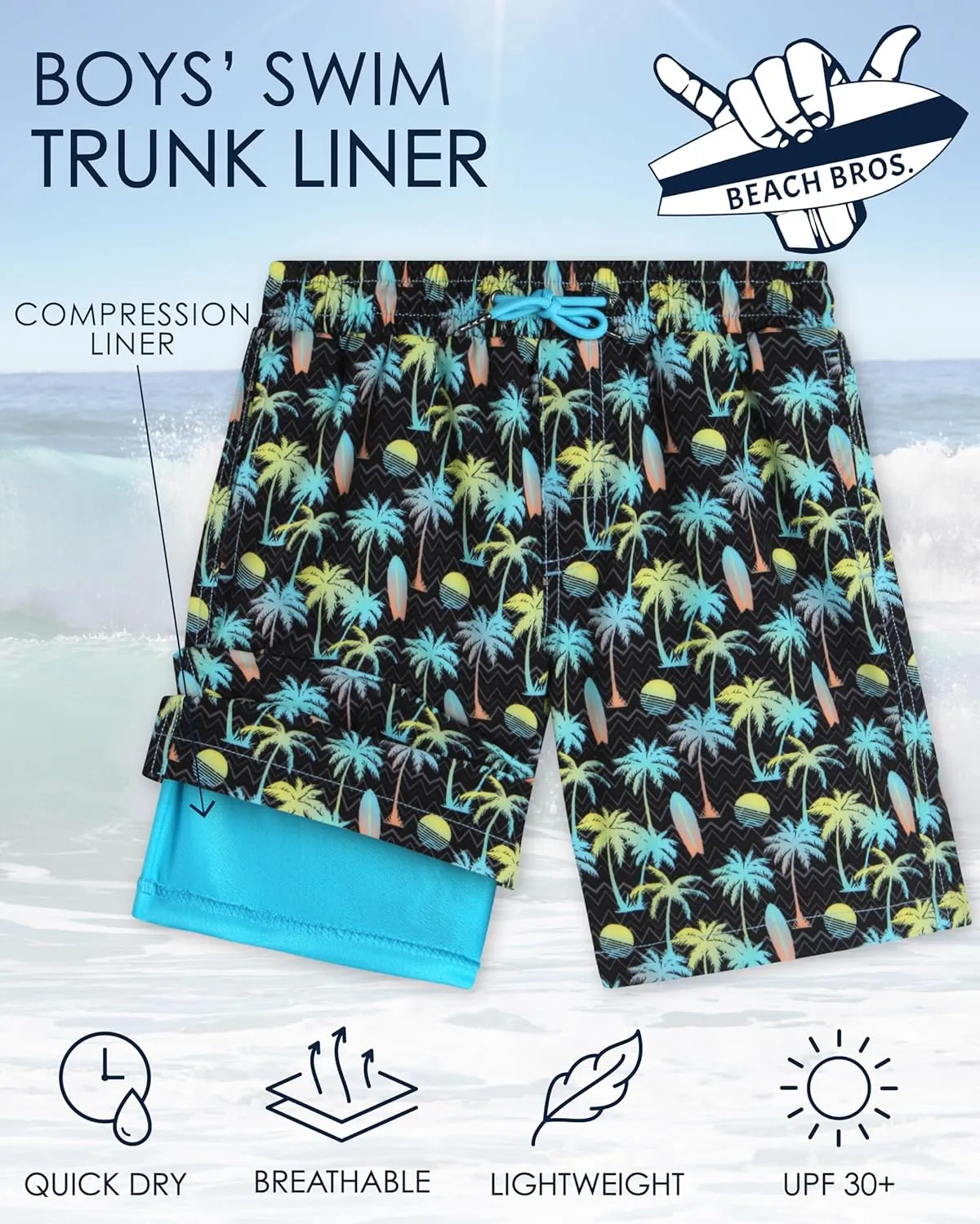 Boys Swim Trunks with Compression Liner Quick Dry 4-Way Stretch Bathing Suit (Sizes: 8-14)