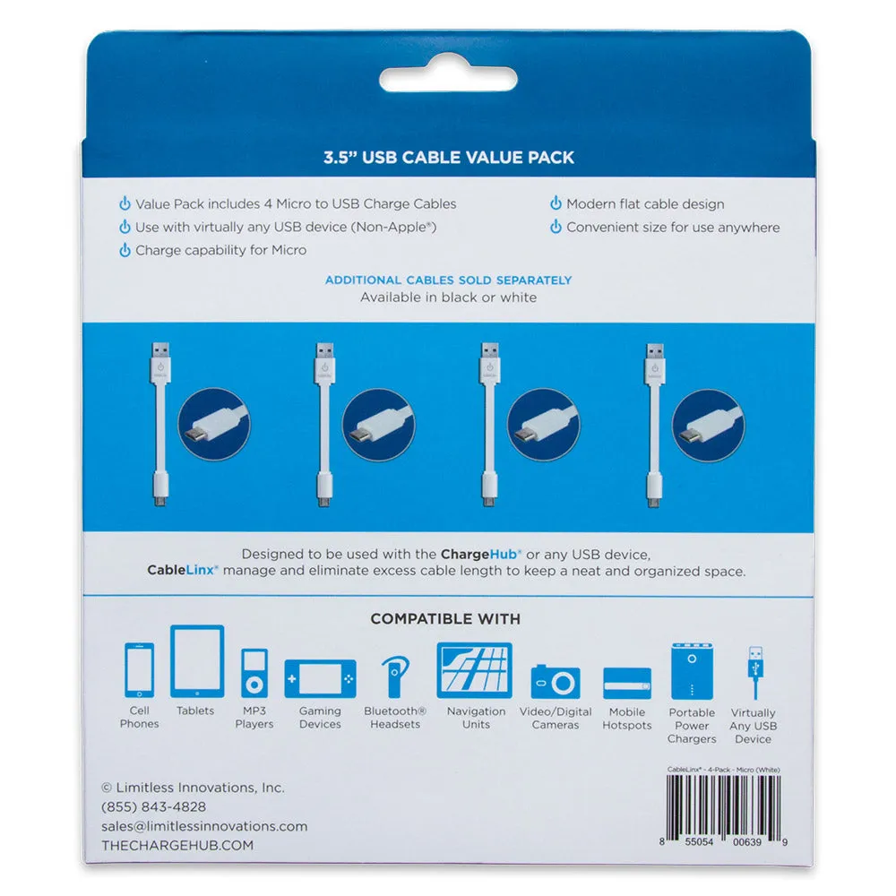 CableLinx 4" Value Pack of 4 Micro to USB-A Charge Flat Cables