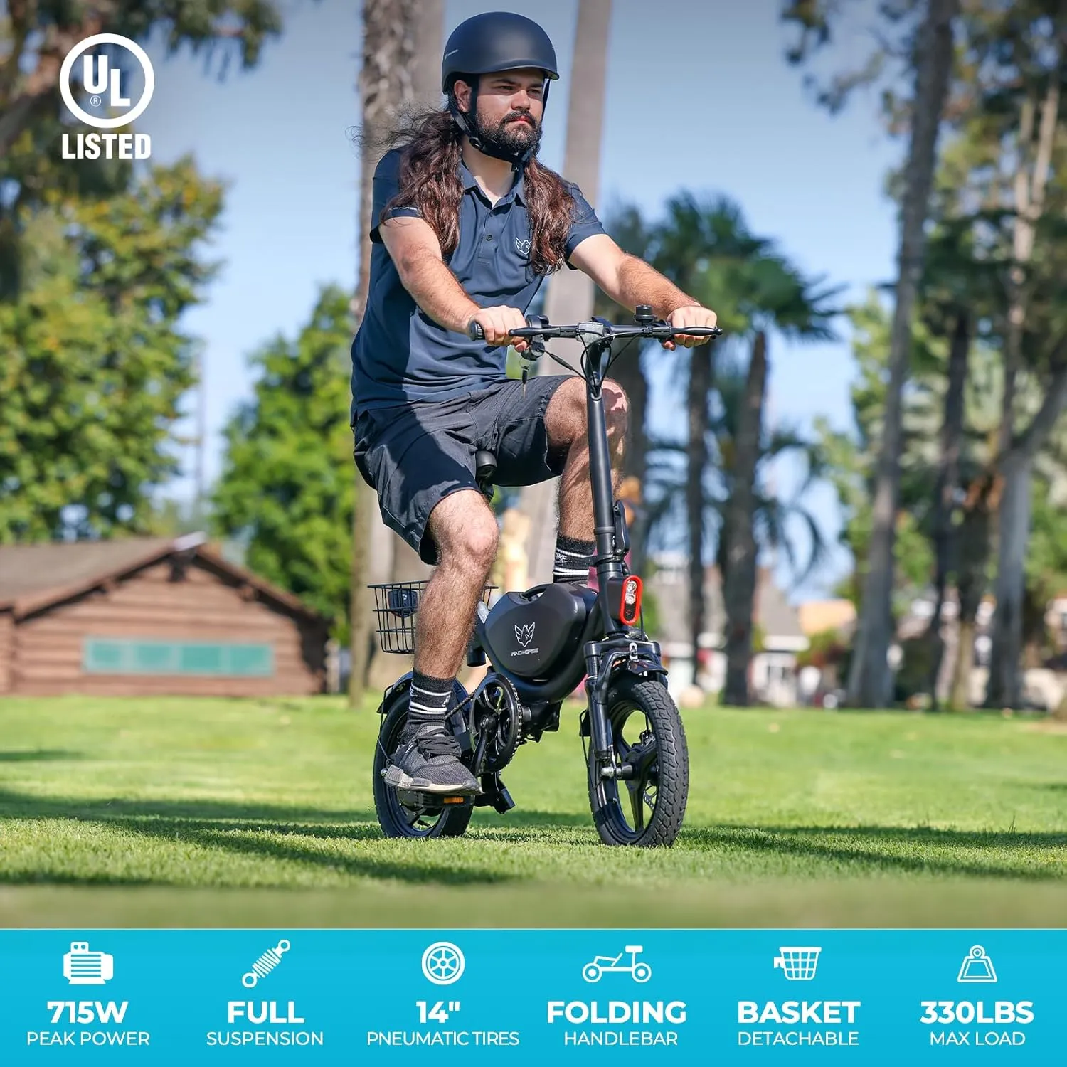 Electric Bike with Basket, 14" Folding Ebike 22 MPH, 35 Miles Range, Dual Suspension, 715W Peak Brushless Motor with 30 Uphill, Adjustable Seat, Commuter Electric Bicycle for Adults 330LBS Load