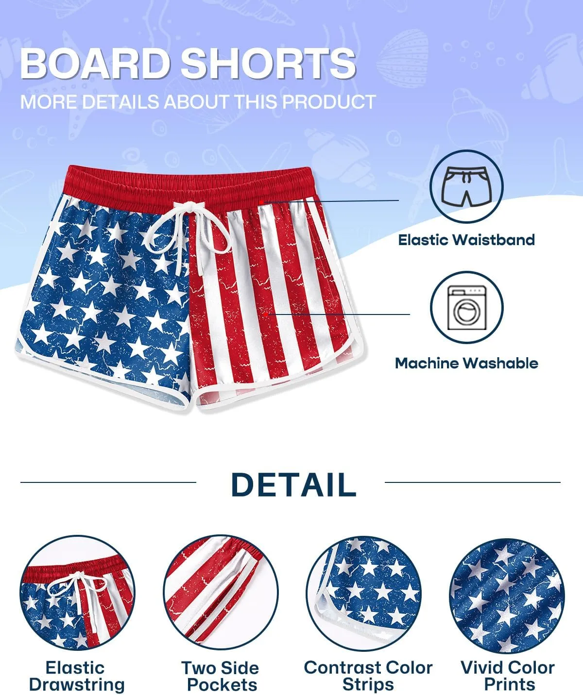 Girls 4th of July Summer Elastic Waist Beach Swim Shorts Quick Dry American Flag Swim Trunks with Pockets 5-14 Years