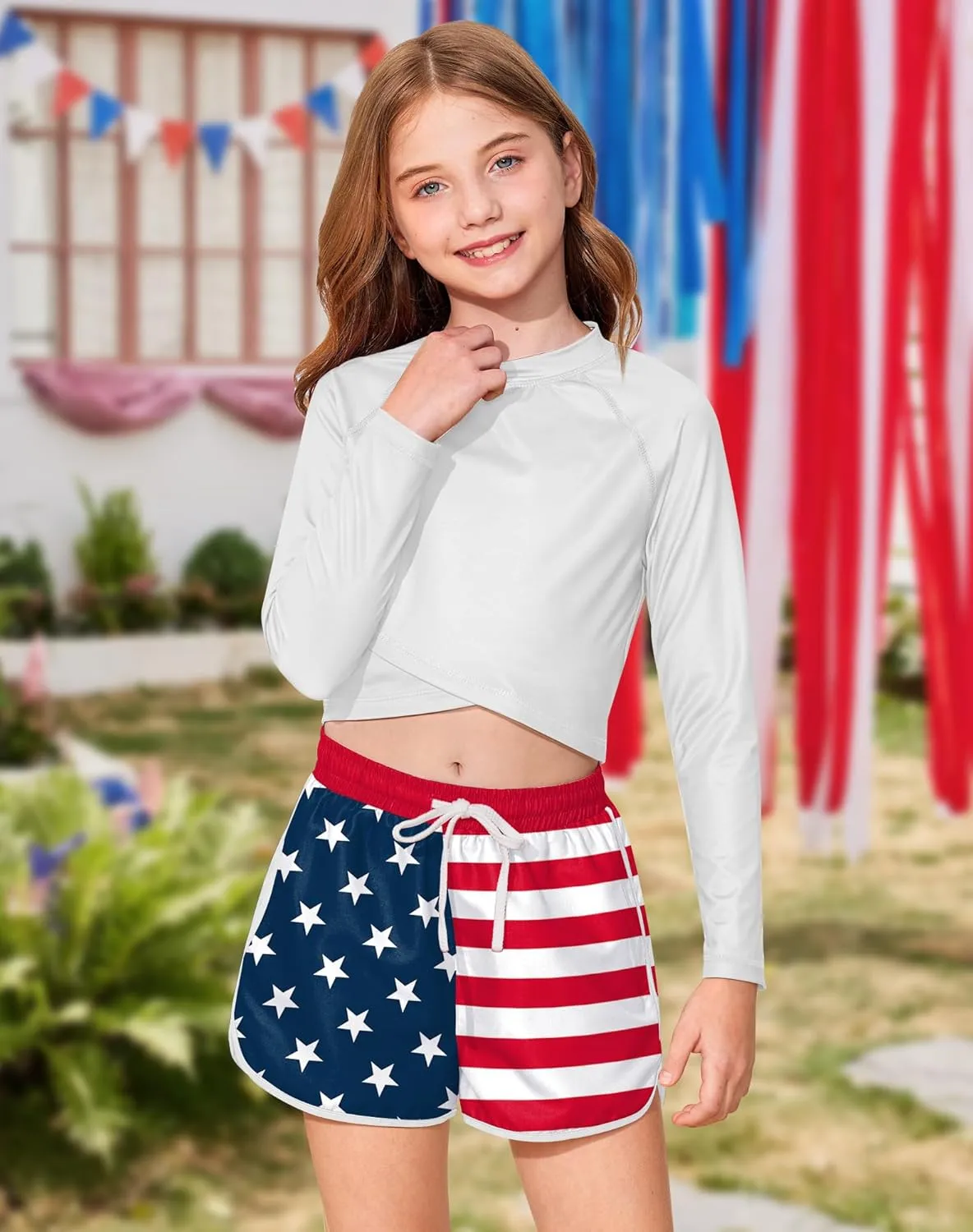 Girls 4th of July Summer Elastic Waist Beach Swim Shorts Quick Dry American Flag Swim Trunks with Pockets 5-14 Years