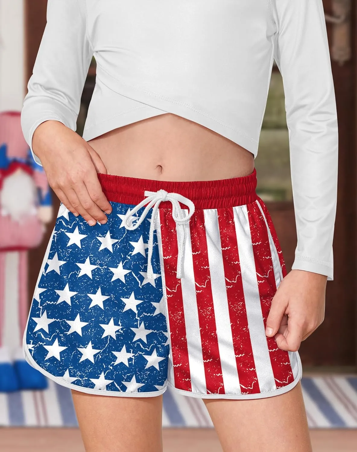 Girls 4th of July Summer Elastic Waist Beach Swim Shorts Quick Dry American Flag Swim Trunks with Pockets 5-14 Years