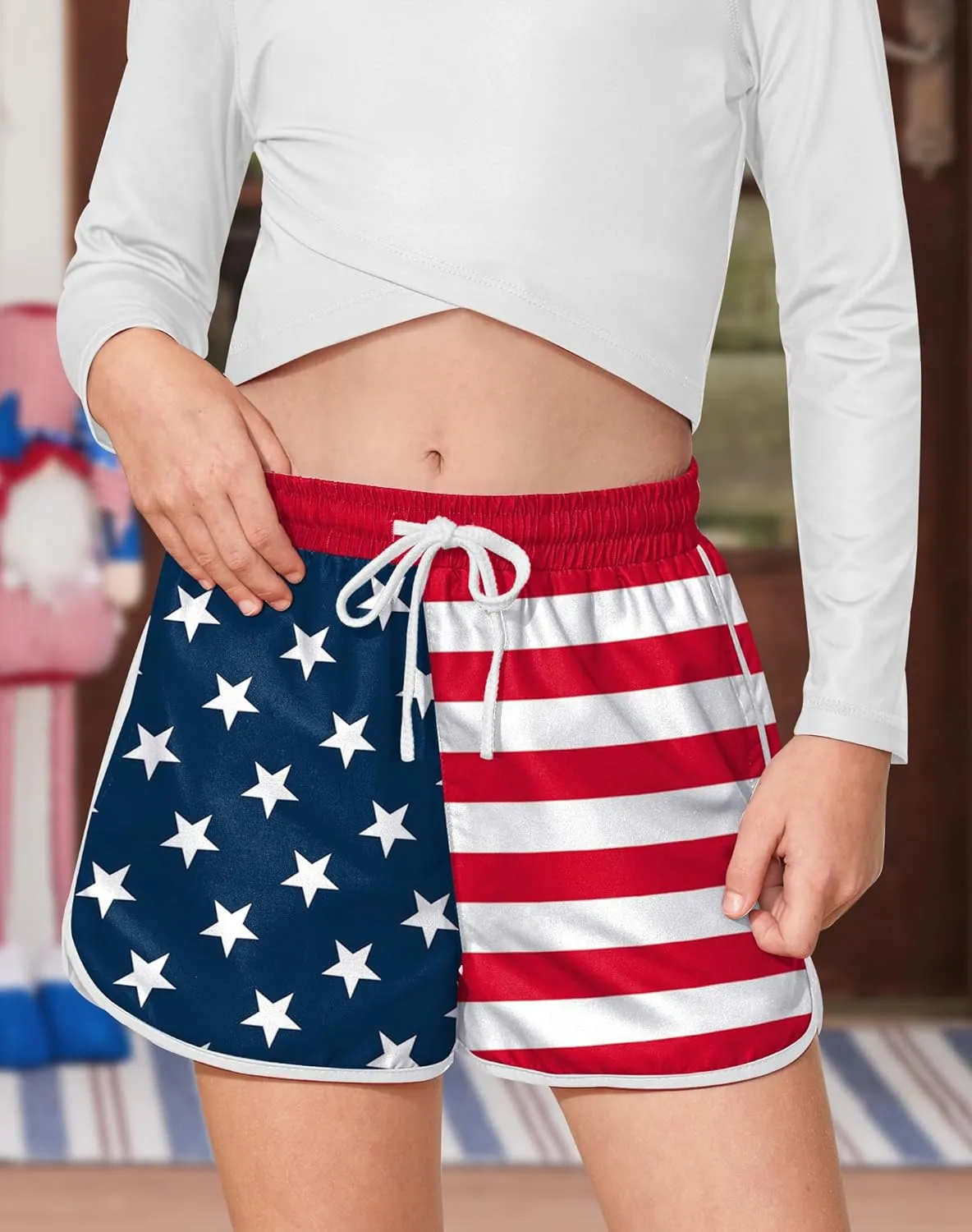 Girls 4th of July Summer Elastic Waist Beach Swim Shorts Quick Dry American Flag Swim Trunks with Pockets 5-14 Years