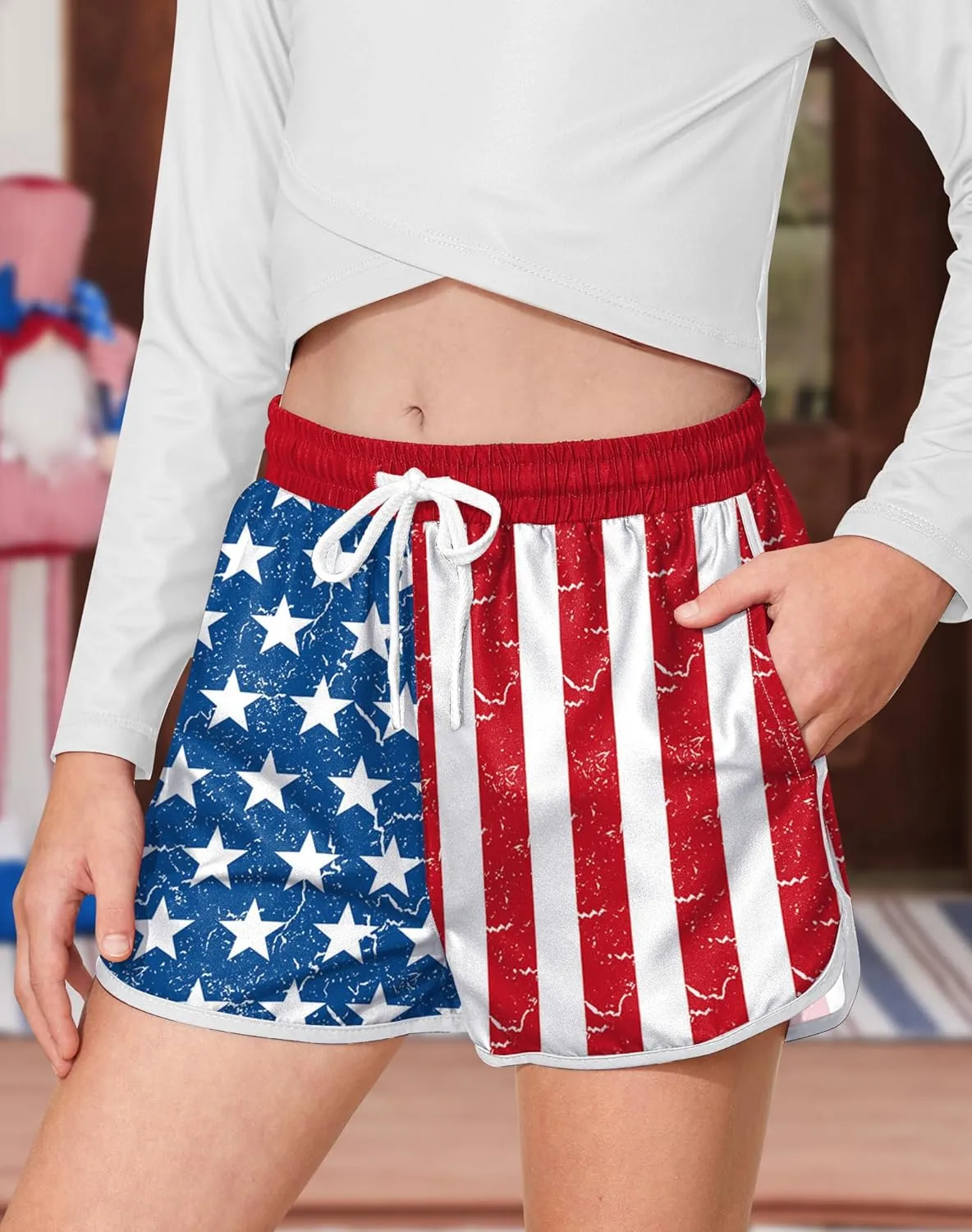 Girls 4th of July Summer Elastic Waist Beach Swim Shorts Quick Dry American Flag Swim Trunks with Pockets 5-14 Years