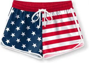 Girls 4th of July Summer Elastic Waist Beach Swim Shorts Quick Dry American Flag Swim Trunks with Pockets 5-14 Years
