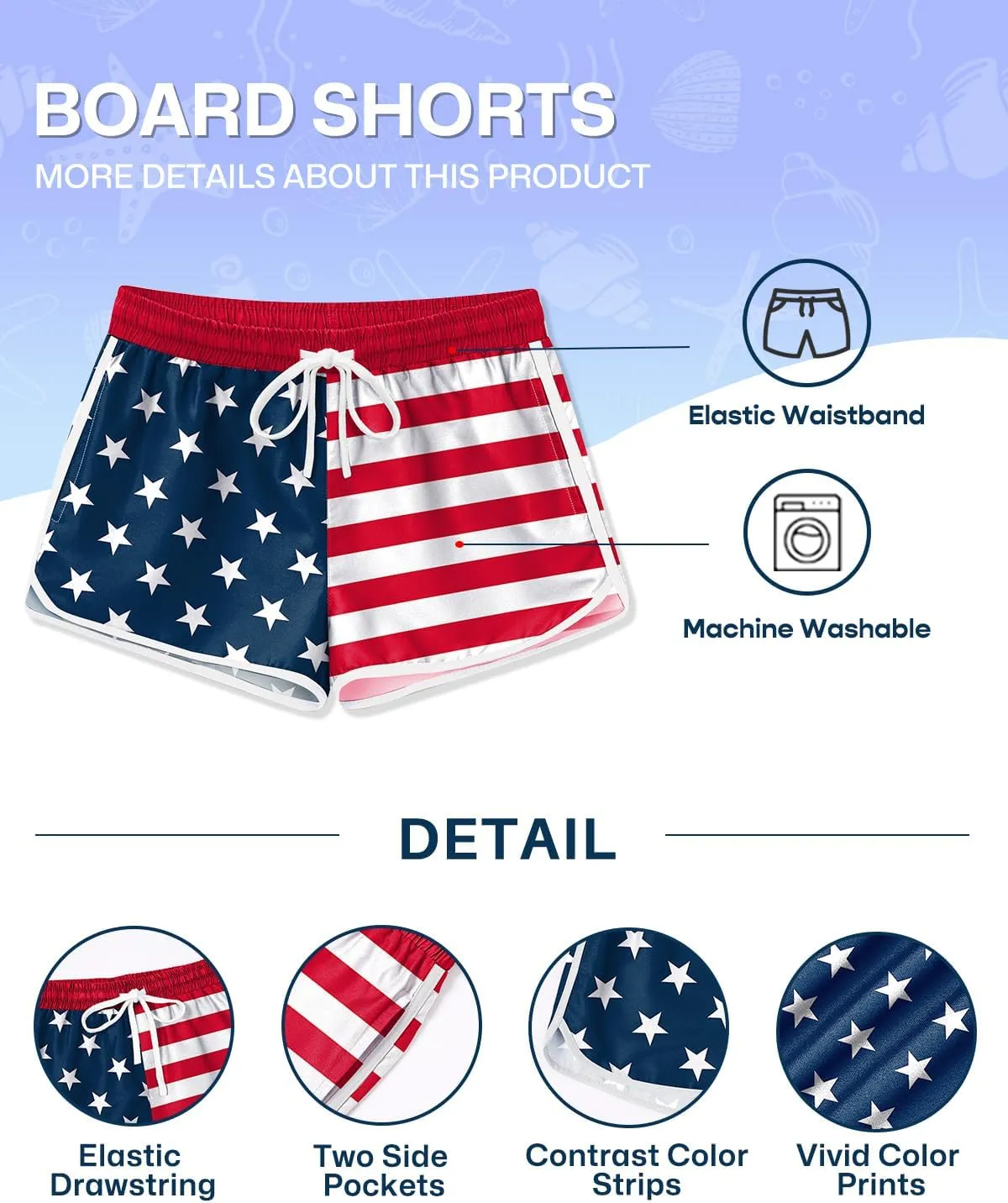 Girls 4th of July Summer Elastic Waist Beach Swim Shorts Quick Dry American Flag Swim Trunks with Pockets 5-14 Years