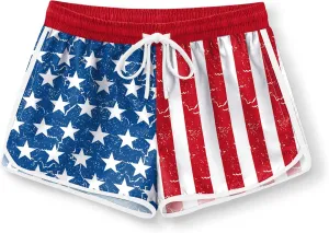 Girls 4th of July Summer Elastic Waist Beach Swim Shorts Quick Dry American Flag Swim Trunks with Pockets 5-14 Years