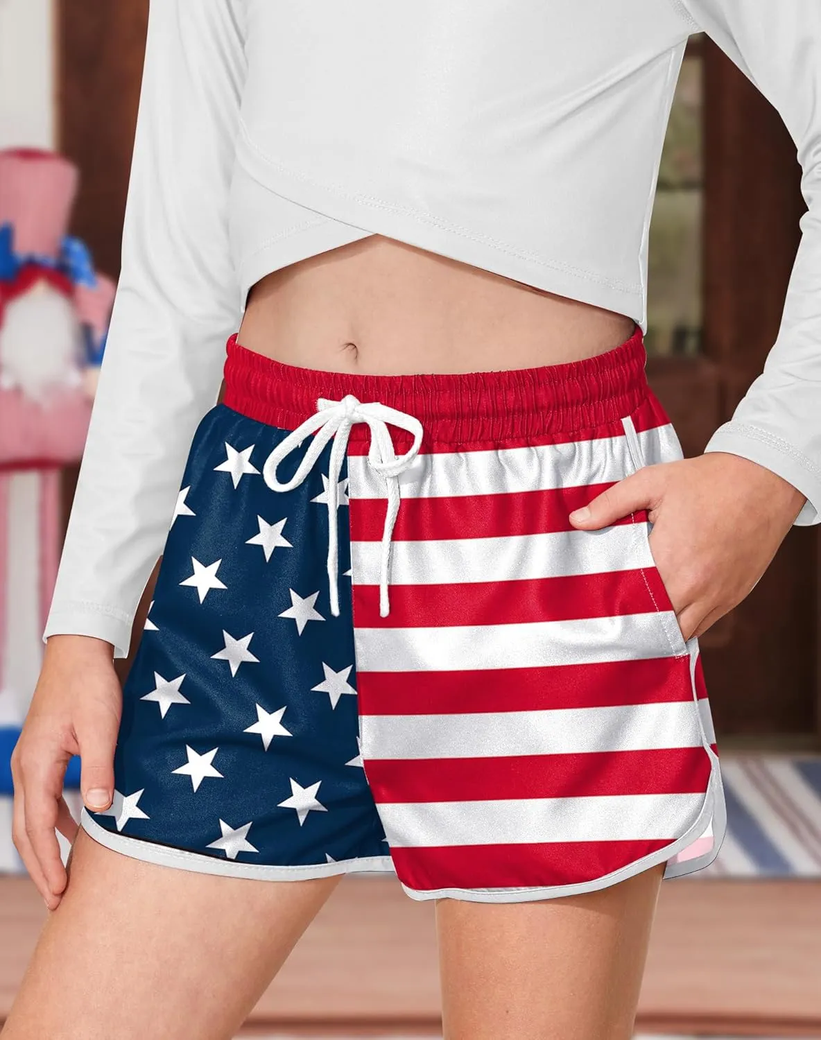 Girls 4th of July Summer Elastic Waist Beach Swim Shorts Quick Dry American Flag Swim Trunks with Pockets 5-14 Years
