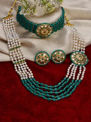 Gold-Plated Green & White Combo Jewellery Set
