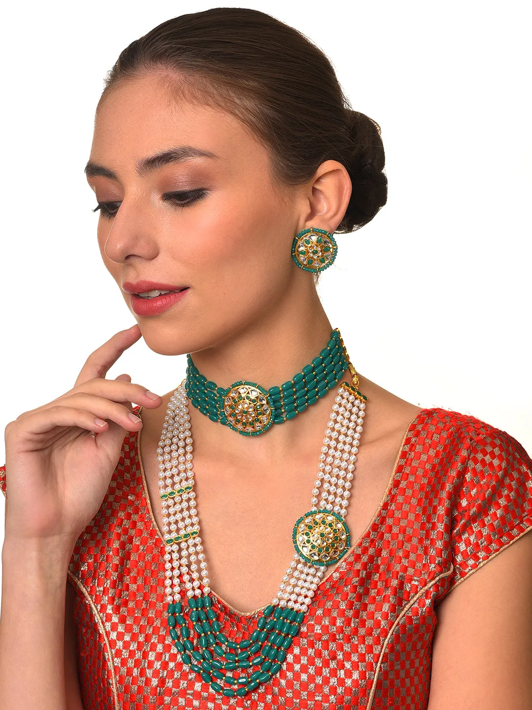 Gold-Plated Green & White Combo Jewellery Set