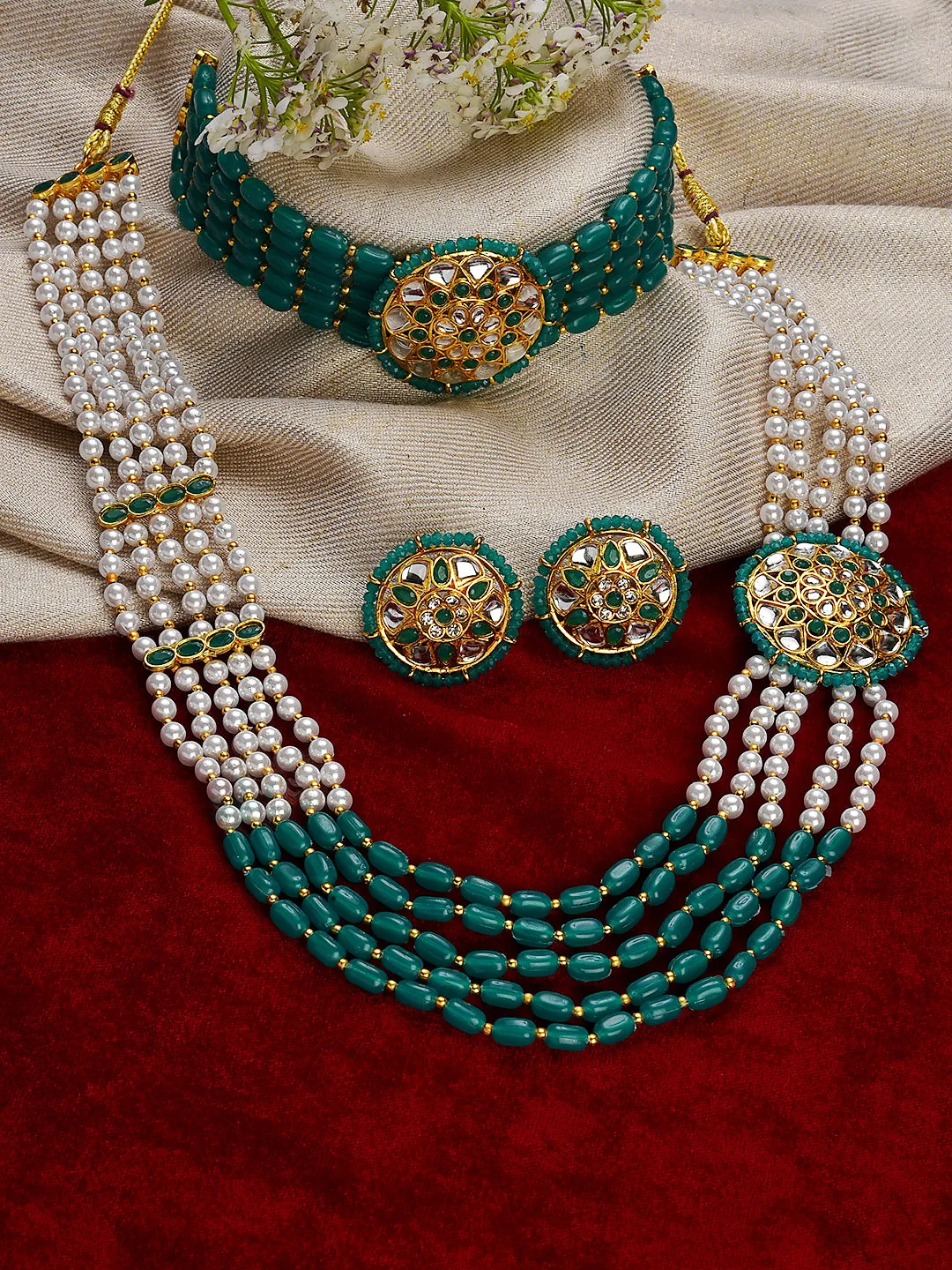 Gold-Plated Green & White Combo Jewellery Set