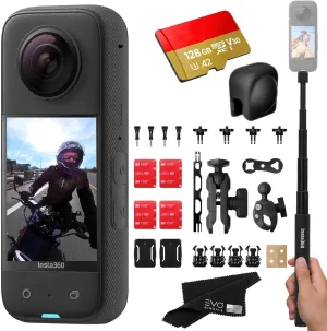 Insta360 X3 - Waterproof 360 Action Camera with 1/2'' 48MP Sensors, 5.7K HDR Video, 72MP Photo, 4K Single-Lens, 2.29'' Touchscreen|Includes Motorcycle Bundle, Selfie Stick, Lens Cap&128GB, Black