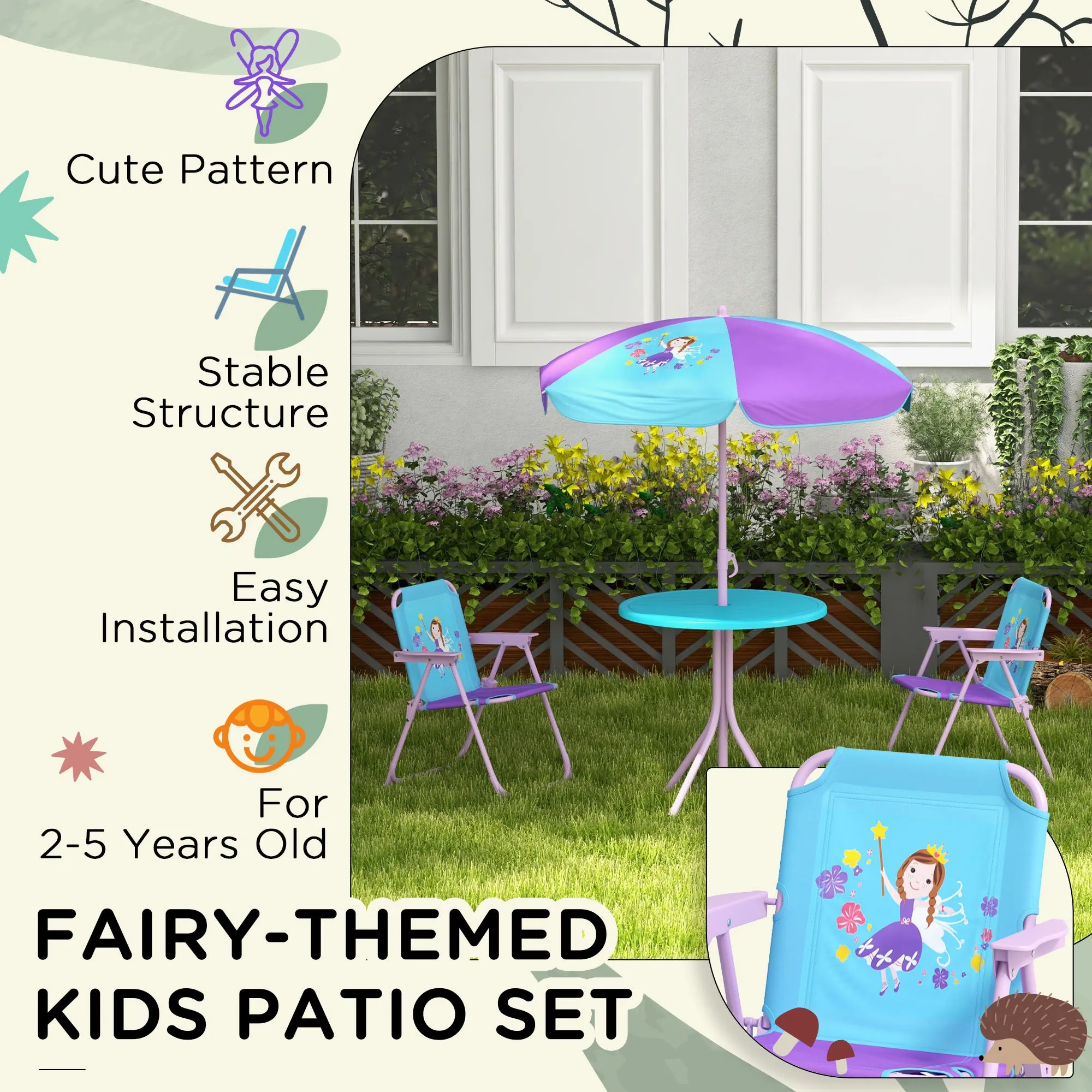Kids Picnic Table and Chair Set, Fairy Themed Outdoor Garden Furniture w/ Foldable Chairs, Adjustable Parasol