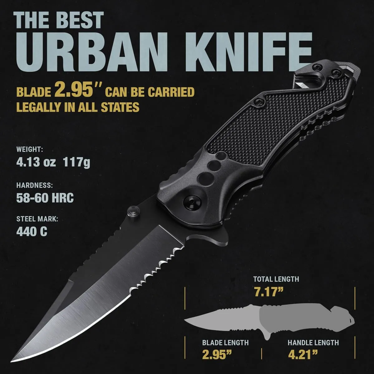 Legal Pocket Knife with 2.95 Serrated Blade, Glass Breaker, Seat Belt Cutter - EDC Sharp Folding Knives with Portable Clip - Small Tool for Tactical Camping Survival Hiking - Gifts for Men 6680