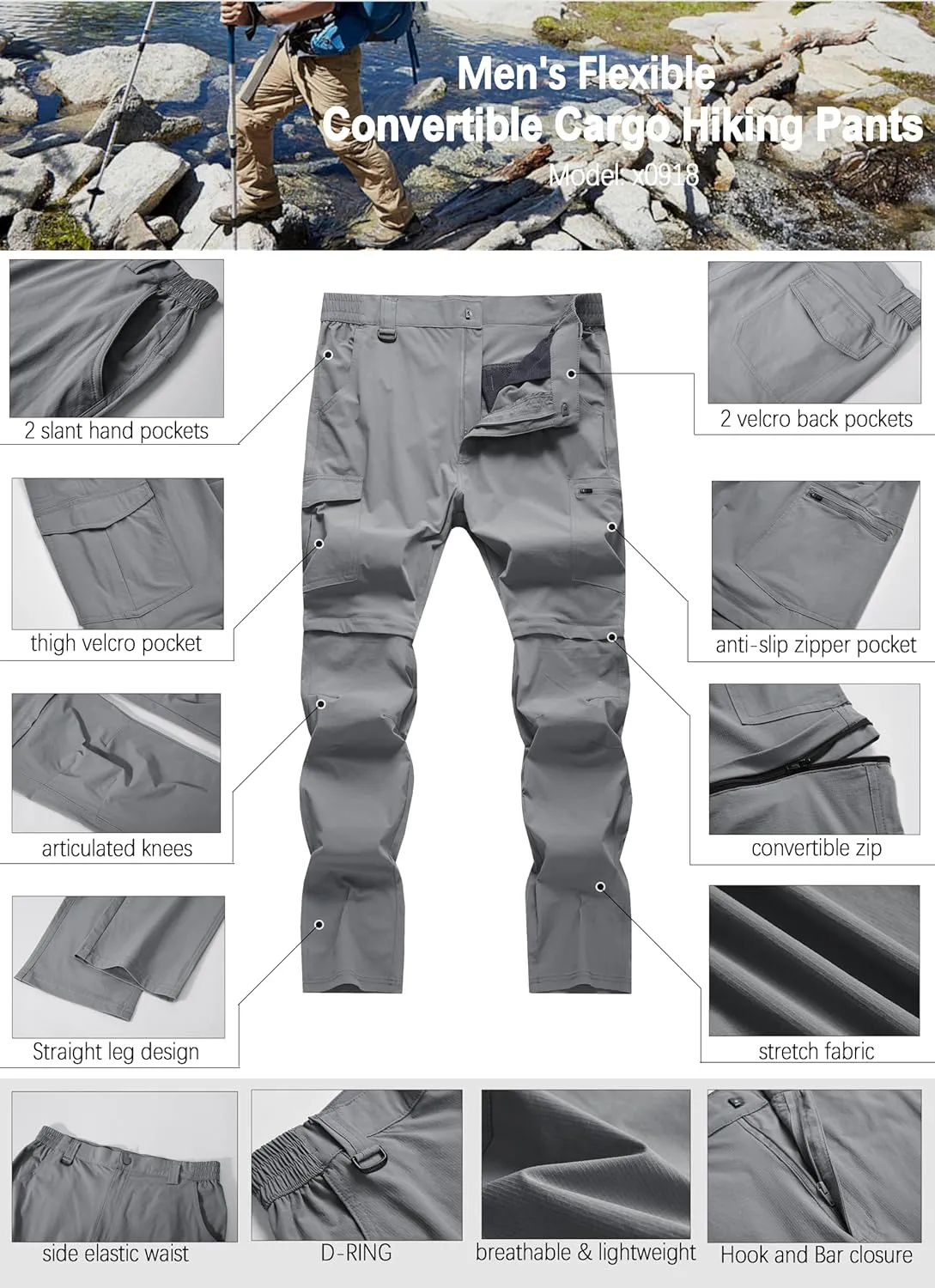 Men's Hiking Pants Convertible Zip Off Lightweight Waterproof Quick Dry Outdoor Fishing Travel Safari Camping
