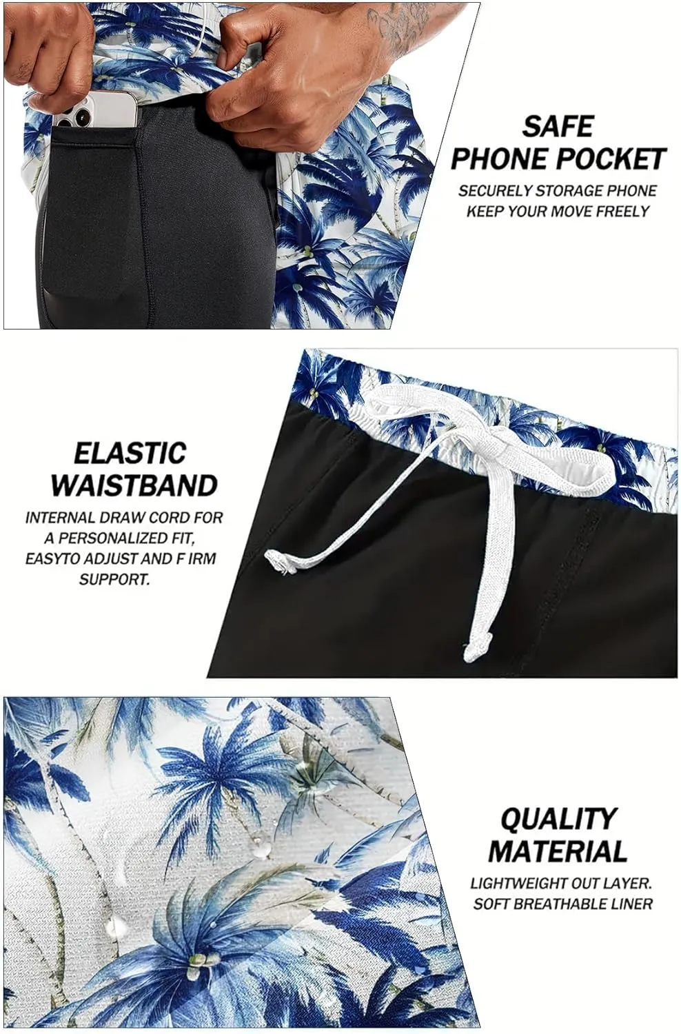 Mens Swim Trunks with Compression Liner 7" Board Shorts with Pockets 2 in 1 Quick Dry Bathing Suits