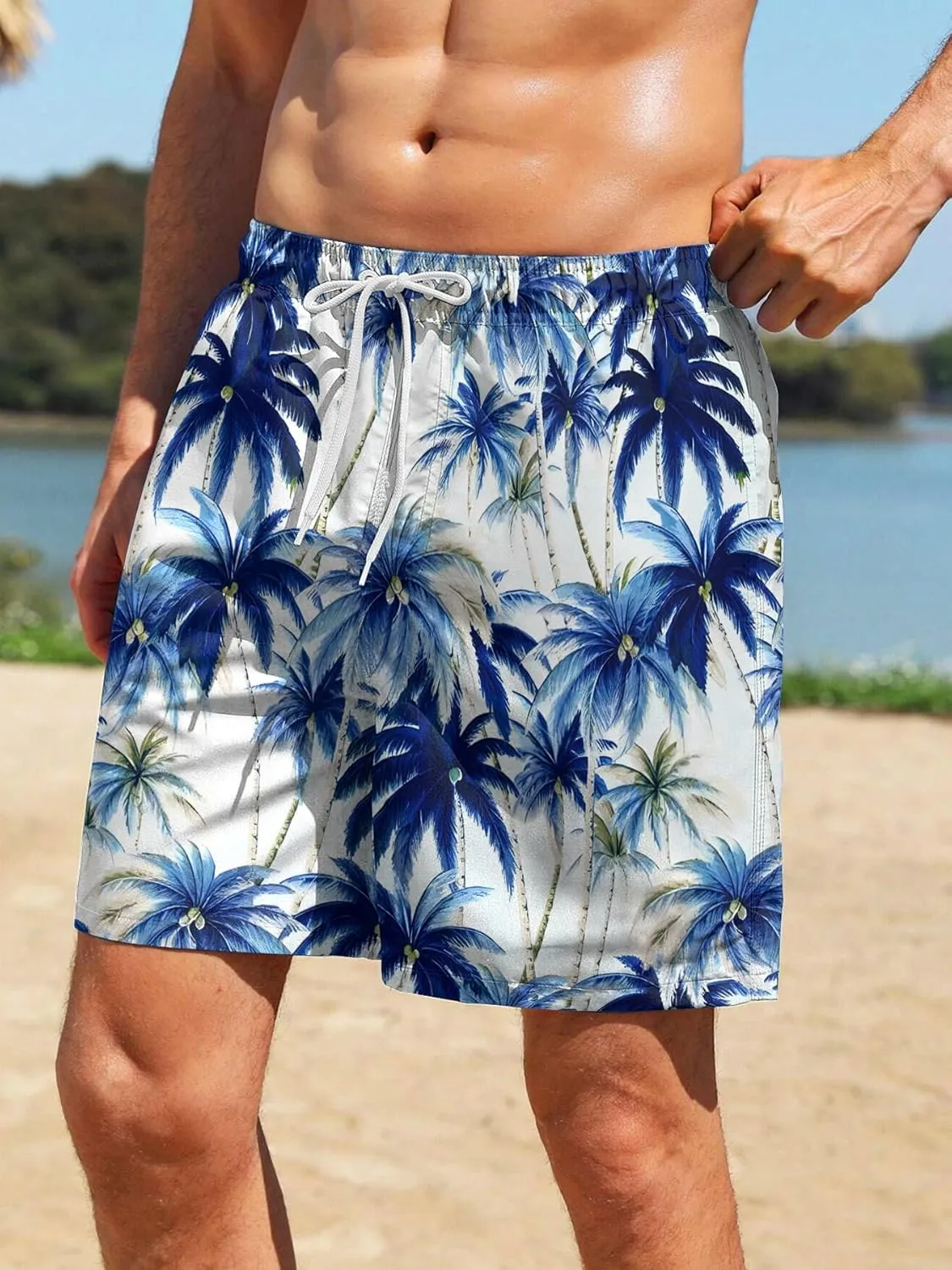Mens Swim Trunks with Compression Liner 7" Board Shorts with Pockets 2 in 1 Quick Dry Bathing Suits