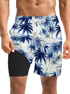 Mens Swim Trunks with Compression Liner 7" Board Shorts with Pockets 2 in 1 Quick Dry Bathing Suits