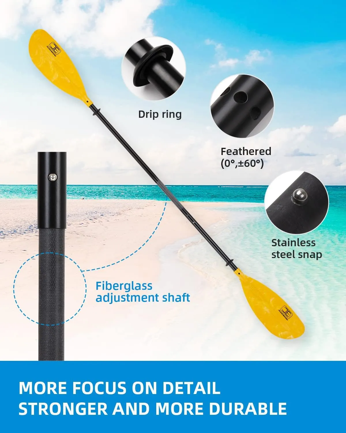 OCEANBROAD Adjustable Kayak Paddle 86in/220cm to 94in/240cm Kayaking Boating Canoeing Oar with Paddle Leash 1 Paddle