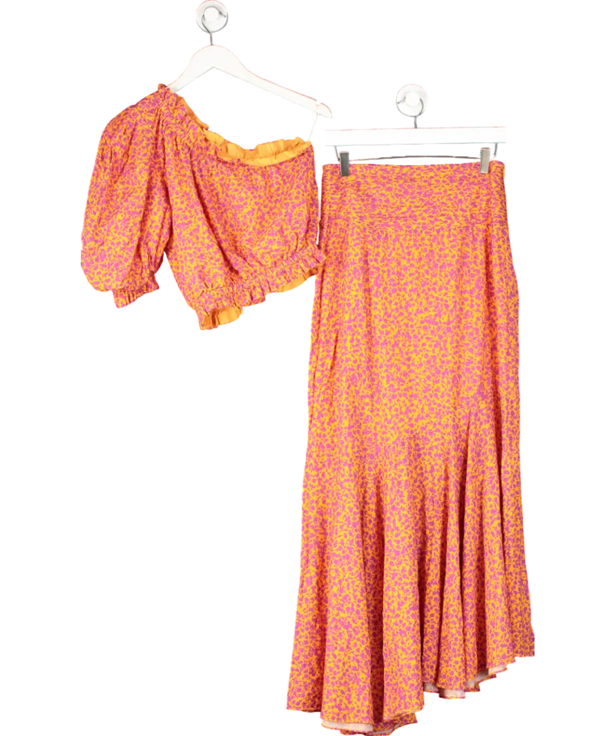 Peony Swimwear Orange One Shoulder Top And Maxi Skirt In Vibrant Floral Print UK 10