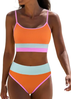 popvil Women Bikini Sets Two Piece Bathing Suit - Sporty High Waisted Swimsuit Cheeky Modest Ribbed Neon Bikini