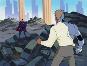 Superman the Animated Series Original Production Cel On Original Hand-Painted Production Background: Superman and Metallo