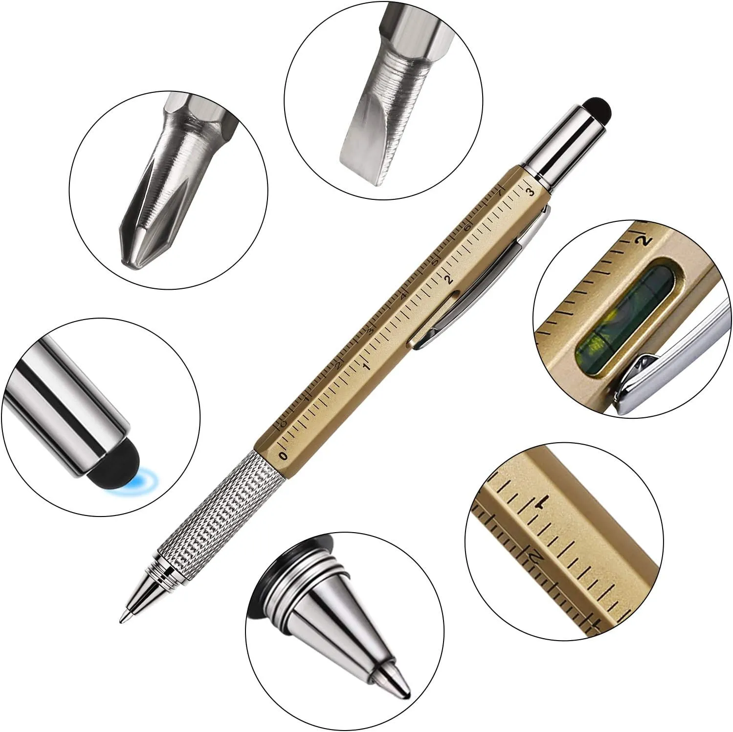 Zhanmai 8 Pieces 8 Pcs Gifts for Men Fathers Day Dad Gifts from Daughter Son Wife 6 in 1 Multitool Pen Set with Refills Screwdriver Ruler Levelgauge Birthday Graduation (Gold)