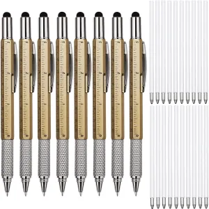 Zhanmai 8 Pieces 8 Pcs Gifts for Men Fathers Day Dad Gifts from Daughter Son Wife 6 in 1 Multitool Pen Set with Refills Screwdriver Ruler Levelgauge Birthday Graduation (Gold)