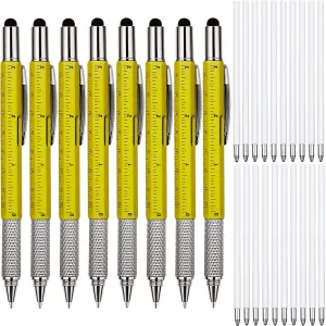 Zhanmai 8 Pieces 8 Pcs Gifts for Men Fathers Day Dad Gifts from Daughter Son Wife 6 in 1 Multitool Pen Set with Refills Screwdriver Ruler Levelgauge Birthday Graduation (Yellow)