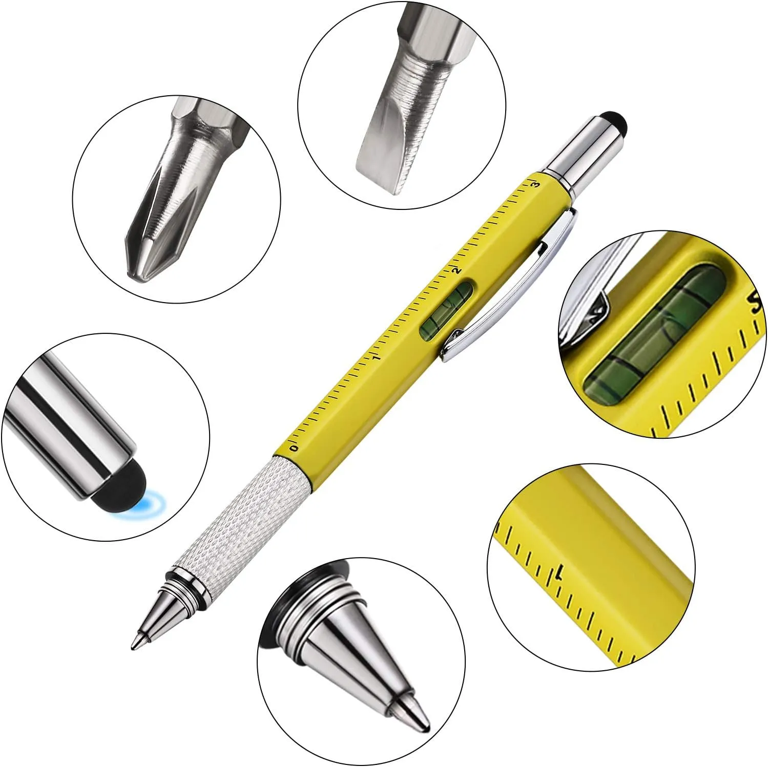Zhanmai 8 Pieces 8 Pcs Gifts for Men Fathers Day Dad Gifts from Daughter Son Wife 6 in 1 Multitool Pen Set with Refills Screwdriver Ruler Levelgauge Birthday Graduation (Yellow)